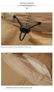 Detail of outdoor sun hat featuring adjustable drawstring buckle and breathable inner sweatband