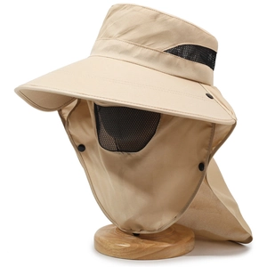 360° UV protection sun hat with wide brim, breathable face mesh, and neck flap in khaki