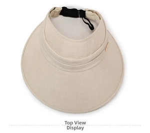 Top view of beige sun visor hat showing breathable woven texture and black elastic band