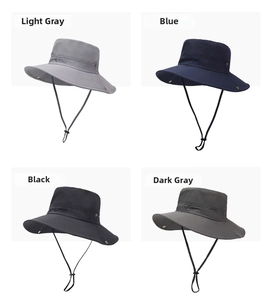 Detail of adjustable windproof ropes and breathable metal eyelets on various bucket hats