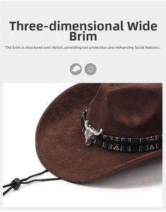 Detail of brown suede cowboy hat with ethnic braided band and silver ox head ornament