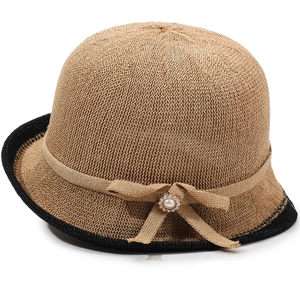 Women's camel breathable knit sun hat with black contrast brim and pearl bow ornament