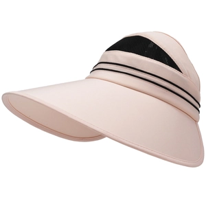 Breathable wide brim sun visor hat for women in pink with black mesh and stripe details