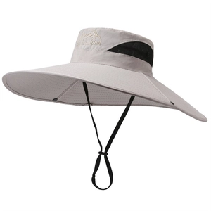Detail view of the 15cm wide brim sun hat featuring breathable black side mesh panels