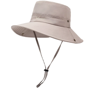 Detail view of khaki quick-dry sun hat with Outdoors embroidery and adjustable windproof cord