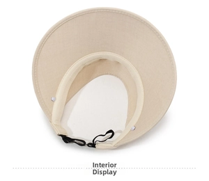 Detail of adjustable inner drawstring and sweatband on beige summer sun visor hat