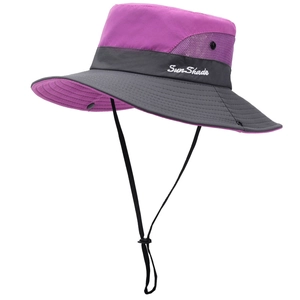 Wide brim sun hat with purple crown and dark gray brim featuring mesh vents and chin strap
