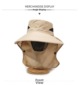 Front view of khaki sun hat featuring breathable mesh and detachable face and neck flaps