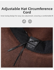 Detail view of the 57cm interior size label and adjustable strap on the brown cowboy hat