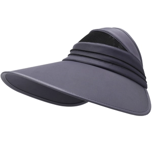 Deep grey sun hat with wide brim, breathable black mesh top and striped detailing