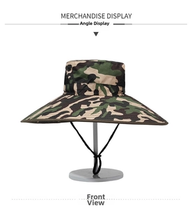 Detail of wide brim camouflage fishing hat with breathable mesh and chin strap