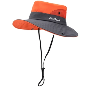 Wide brim sun hat with orange breathable mesh top and grey visor for outdoor fishing