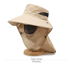 Detail of light khaki sun hat featuring breathable mesh vents and snap-on face cover
