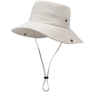Light beige quick-dry bucket hat with wide brim, embroidery and adjustable windproof cord