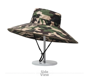 Detail of camouflage outdoor sun hat showing 15cm wide brim and breathable mesh vents