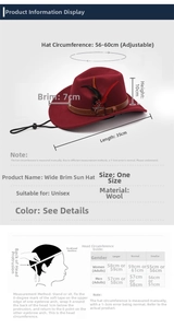 Size chart for wool cowboy hat showing 56-60cm circumference and measurement guide