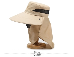 Side view of beige outdoor sun hat with face cover and neck flap on wooden stand