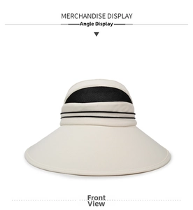 Detail of beige sun hat featuring black breathable mesh and decorative double stripes