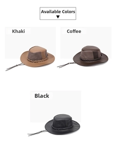 Three-color western cowboy mesh sun hats with leather brims and adjustable wind ropes