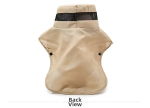 Rear view of beige fishing hat with long neck flap and black breathable mesh top