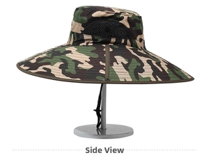 Detailed side view of camouflage sun hat with 15cm wide brim and black breathable mesh