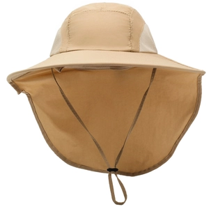Outdoor sun hat with neck flap and breathable mesh panels in khaki quick-dry fabric
