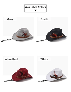 Detail view of four felt cowboy hats with leather bands and feathers in assorted colors