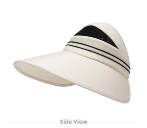 Detail of beige sun visor with black mesh breathable layer and wide brim for sun protection