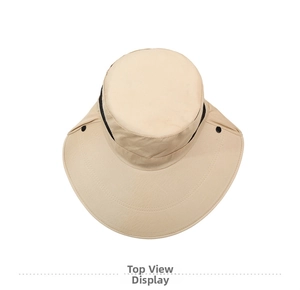 Top view of wide brim beige sun hat featuring mesh vents and reinforced stitching details