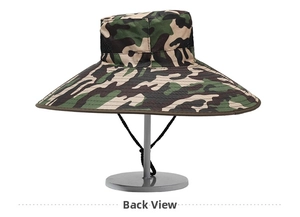 Rear view of camouflage sun hat with 15cm wide brim, breathable mesh and windproof cord