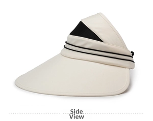 Detail view showing breathable black mesh and wide brim of the cream sun visor hat