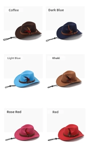 Set of six colorful western cowboy hats with leather straps, feathers and wind ropes