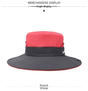 Detail of red and grey outdoor sun hat showing breathable mesh and wide brim design