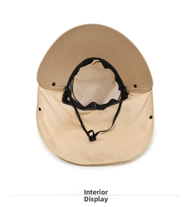 Close-up of khaki sun hat featuring breathable mesh lining and adjustable chin strap