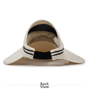 Detail view of the adjustable back closure and mesh sweatband on a beige sun visor hat