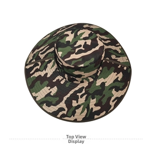 Top down view showing the camouflage pattern and wide brim of the outdoor sun hat