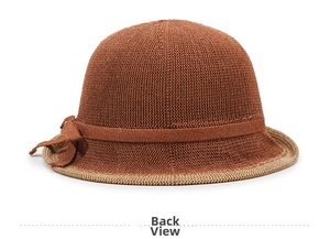 Detailed back view of a breathable knit sun hat with brown texture and beige bow detail