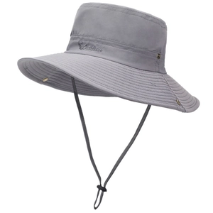 Detail of grey quick-dry outdoor sun hat with wide brim and adjustable chin strap