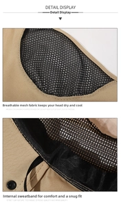 Detailed view of khaki sun hat featuring breathable black mesh lining and sweatband