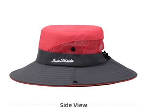 Detailed side view of wide brim sun hat showing red mesh and grey Sun-Shade embroidery