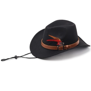 Classic black felt western cowboy hat with brown faux leather band and accent feather