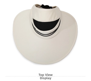Top view of cream wide-brim sun hat with black mesh ventilation and stylish stripe detail