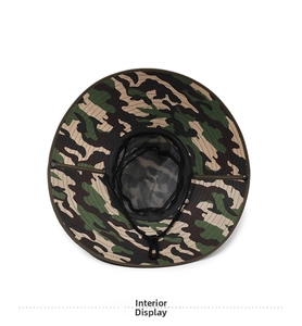 Detail of camouflage sun hat featuring breathable black mesh lining and adjustable chin cord