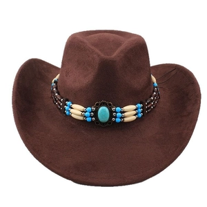 Chapeau de Cowboy de l'Ouest en Polyester Bande Perlée Ethnique Décoration Turquoise Large Bord Fedora en Feutre Mixte Outdoor