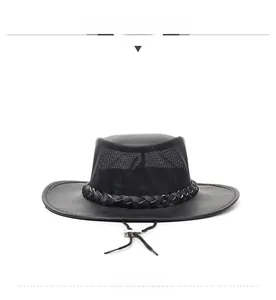 Detail of western cowboy hat featuring breathable black mesh crown and wide leather brim