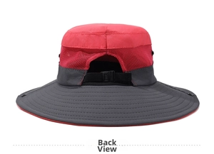 Detail view of the breathable mesh back and adjustable buckle on the sun hat