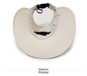 Detail view of large brim sun hat with breathable mesh lining and adjustable drawstring