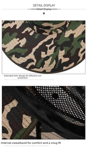Detail of wide brim camouflage hat with breathable mesh lining and sweatband inside