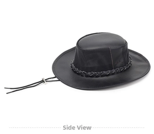 Detail of black cowboy hat with breathable mesh panels and woven leather band trim