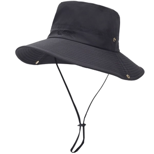Detail of adjustable windproof rope and Outdoors embroidery on black wide brim sun hat